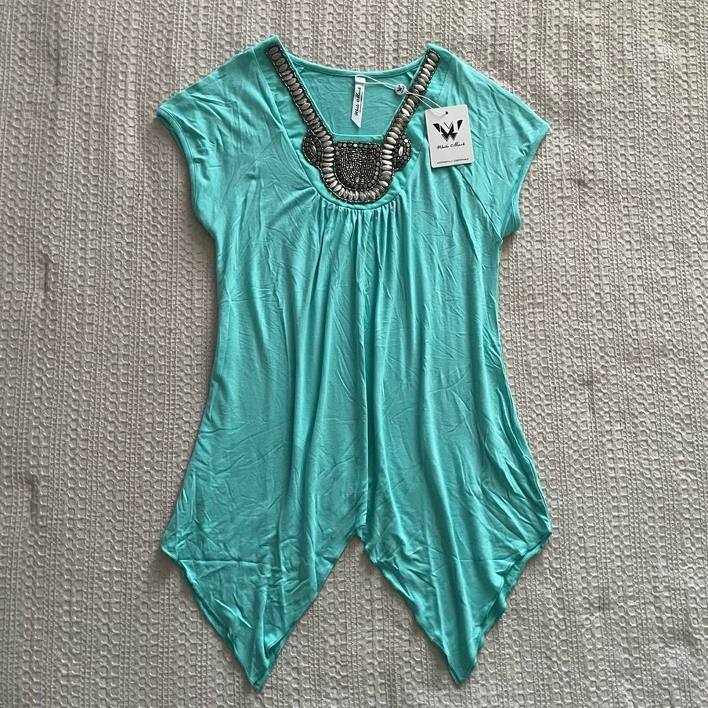Vintage 2000s unique teal blouse with silver beaded neckline